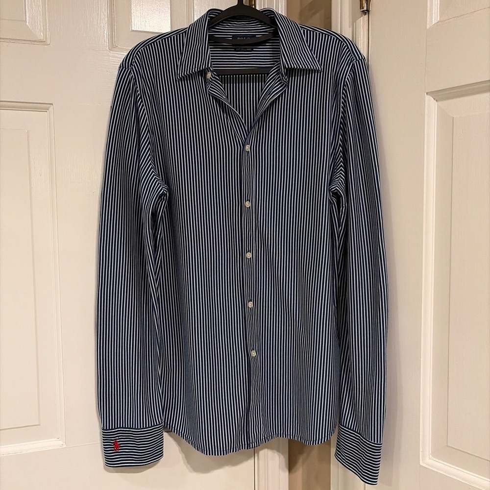 Polo Ralph Lauren Knit Dress Shirt XL Blue White Striped Cotton Button Down